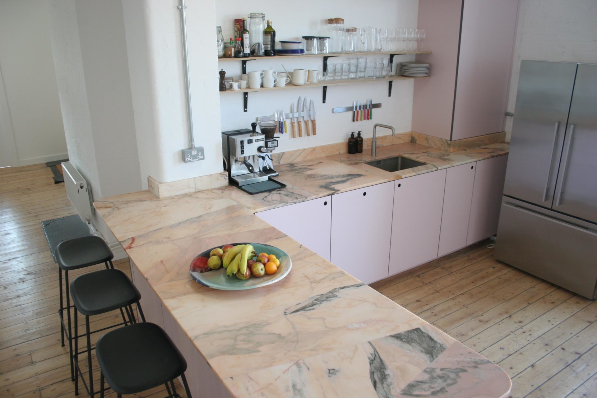 Reclaimed pink marble kitchen worktop by Leleni Studio and Alexander Hills Architects