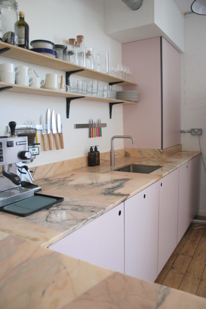 Reclaimed pink marble kitchen worktop by Leleni Studio and Alexander 