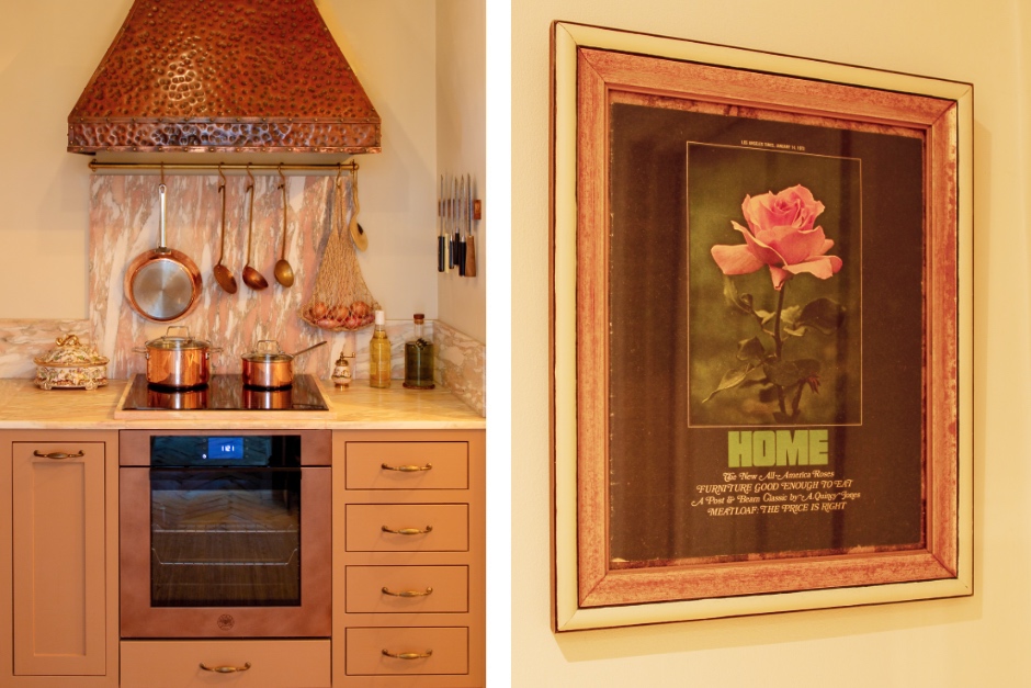 Salvaged copper cooker hood with reclaimed marble worktop and spashback, 1970s home magazine